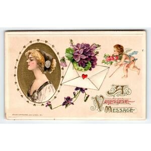 Vintage 1912 Valentine Postcard with Cherub, Flowers, John Winsch - Embossed
